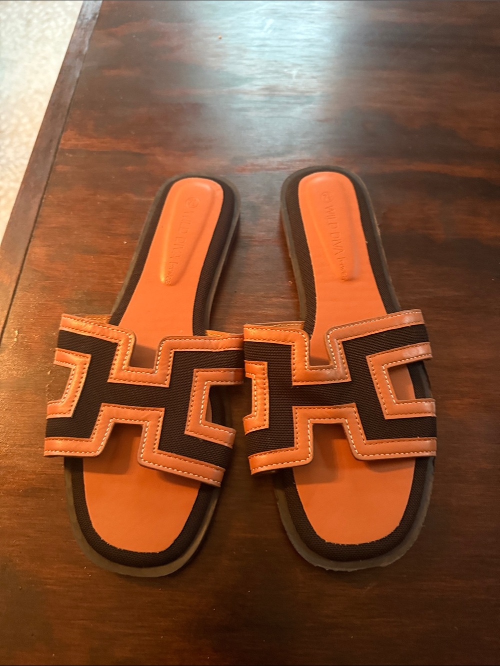 Wild Diva Orange and Black Geometric Slide Sandals